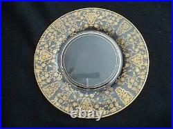 Lotus etched crystal 8 dinner plates 10.5in Rose Bud w gold inlay 1940s-50s
