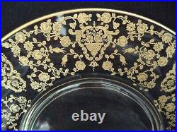 Lotus etched crystal 8 dinner plates 10.5in Rose Bud w gold inlay 1940s-50s