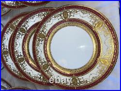 Minton England 12 Vintage Dinner Plates, Crimson Pattern 24kt Gold Painted