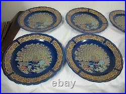 Moroccan Taous Blue Gold COBALT PEACOCK 9 3/4 PLATES (6) CHINA