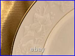 NEW Noritake Halls of Ivy GOLD Dinner Plates 3-Piece Raised Leaves Border Ivory