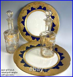 Pair Antique 10 Dinner Plates, Heavy Gold Encrusted Thèodore Haviland, Cobalt