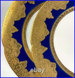 Pair Antique 10 Dinner Plates, Heavy Gold Encrusted Thèodore Haviland, Cobalt
