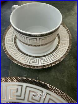 Porcelain 59-pc dinnerware Set White with Gold Versace Decor, Fine Porcelain