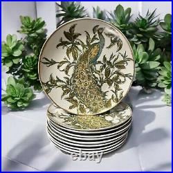 Pottery Barn Peacock Plates Art Nouveau Style Green Blue Gold Trim 9.5 Set 10