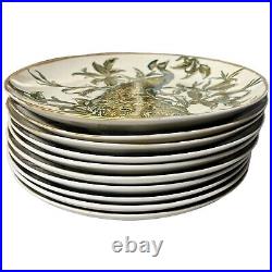 Pottery Barn Peacock Plates Art Nouveau Style Green Blue Gold Trim 9.5 Set 10