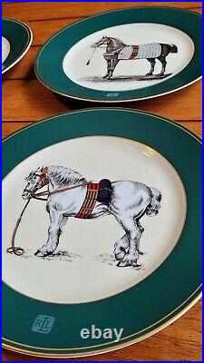 RARE Green Set 4 RALPH LAUREN Equestrian Scene Dinner Plates 9 Gold Trim HORSE