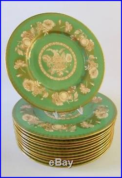 Rare Copeland Spode Apple Green Gold Gild Floral Basket Dinner Plates Set of 12