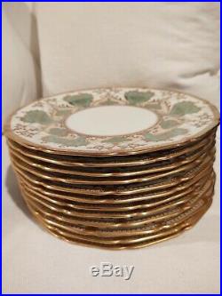 Rare Vintage Set of 12 Noritake Gold & Green Dinner Plates. Pristine Condition