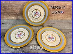 Rosedale 10.5Dinner Plate Gold Encrusted Border Floral Center Blue Bands 3 Pc