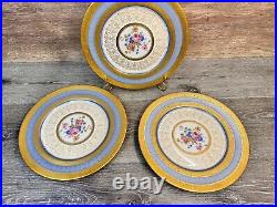 Rosedale 10.5Dinner Plate Gold Encrusted Border Floral Center Blue Bands 3 Pc