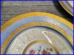 Rosedale 10.5Dinner Plate Gold Encrusted Border Floral Center Blue Bands 3 Pc