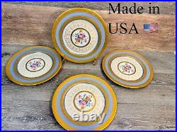 Rosedale 10.5Dinner Plate Gold Encrusted Border Floral Center Blue Bands 4 Pc