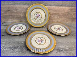 Rosedale 10.5Dinner Plate Gold Encrusted Border Floral Center Blue Bands 4 Pc