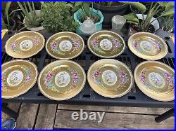 Rosenthal Bavaria Pickard 22K Gilded Dinner Plates 10Bird Floral Set 2 Dresden