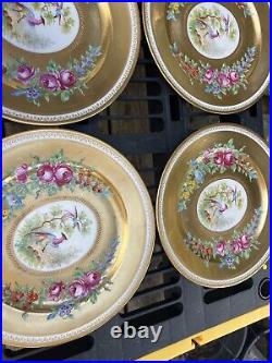 Rosenthal Bavaria Pickard 22K Gilded Dinner Plates 10Bird Floral Set 2 Dresden