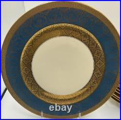 Rosenthal Ivory Ovington's 10.5 Heavy Gold Gilt Blue Dinner Plates Set/9 VGUC