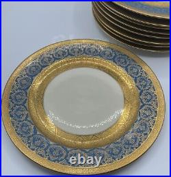 Rosenthal Ivory Ovington's 10.5 Heavy Gold Gilt Blue Dinner Plates Set/9 VGUC