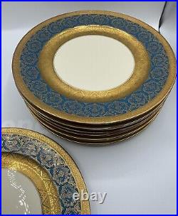 Rosenthal Ivory Ovington's 10.5 Heavy Gold Gilt Blue Dinner Plates Set/9 VGUC