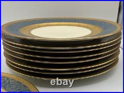 Rosenthal Ivory Ovington's 10.5 Heavy Gold Gilt Blue Dinner Plates Set/9 VGUC