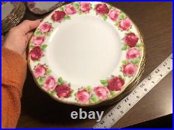 Royal Albert Old English Rose Dinner Plates set of 8 Brushed Gold Trim 10.5+ in