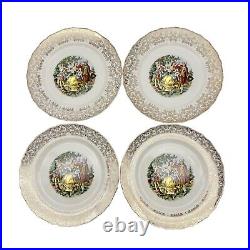 Royal Queen China Set of 12 Plates 9 inch Cream 22K Gold Trim Dancing Couple