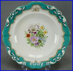 Royal Vienna Hand Painted Flowers Turquoise & Gold Monogrammed 9 1/4 Inch Plate