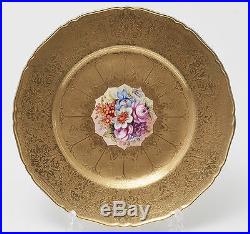 Royal Worcester Full Gold Damask Plate with Hand Painted Flowers by Freeman