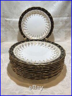 Royal Worcester, White/Cobalt and Gold Trim 9. Dinner Plates, Set of 11