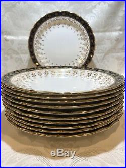 Royal Worcester, White/Cobalt and Gold Trim 9. Dinner Plates, Set of 11