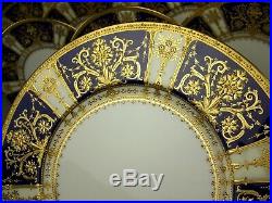SET OF 12 MINTON FOR TIFFANY & Co. H3143 RAISED GOLD COBALT BLUE DINNER PLATES
