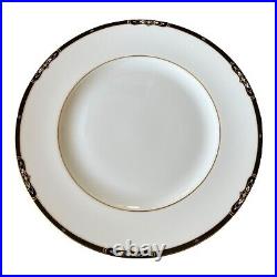SET OF 8 Wedgwood Preston Bone China Dinner Plates Black Gold Rim England