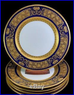 STUNNING Set of 12 Hutschenreuther Cobalt Blue Raised Gold Dinner Cabinet Plates