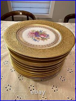 Set 12 Heinrich&Co Bavaria Gold Encrusted Hand Painted Dinner Plates Ovington