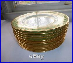 Set 12 Minton Bone China Green Gold Raised Encrusted Dinner Plates 10 1/2