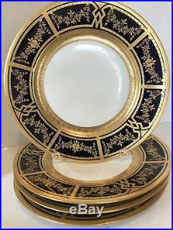 Set 4 Old Union T Raised Gold Coin Encrusted Gold Rose Cobalt Blue Dinner Plates