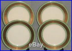 Set (4) Syracuse Old Ivory GREEN GOLD ENCRUSTED RIM Dinner Plates MADE IN USA