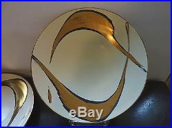 Set 8 Mallory Pottery California Black Ivory Gold 12 1/2 inches dinner plates