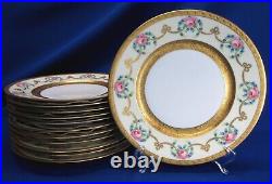 Set Of 12 9.75 Dinner Plates By Limoges Pink Roses And Heavy Gold