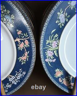 Set Of 12 BLUE SIAM by Wedgwood Bone China Dinner Plates 10.5 Floral Gold Rim