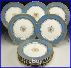 Set Of 12 Minton Raised Gold Blue & Medallion Dinner Plates Impressed Mark