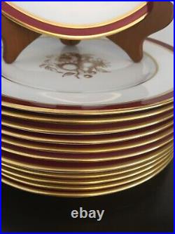 Set Of 12 Spode Bone China England Dinner Plate Marroon Border Gold Trim