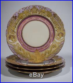 Set Of 4 Incredible Limoges Heavy Raised gold Dinner Plates Purple/Pink