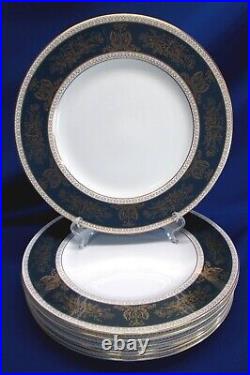 Set Of 8 Wedgewood Bone China Columbia Blue & Gold Pattern Dinner Plates