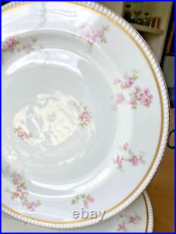 Set of 10 Limoges Haviland Dinner 9.75'' Plates Gold Beaded Pink Flowers VTG