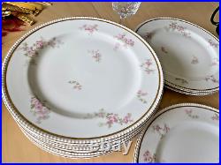 Set of 10 Limoges Haviland Dinner 9.75'' Plates Gold Beaded Pink Flowers VTG