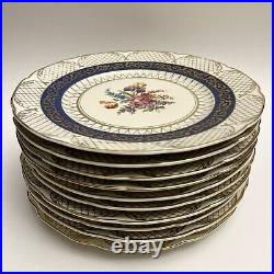 Set of 10 RM Czechoslovakia Dinner Plates 6173 Blue Floral Gold Lattice