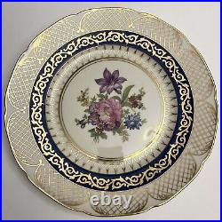 Set of 10 RM Czechoslovakia Dinner Plates 6173 Blue Floral Gold Lattice