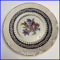 Set of 10 RM Czechoslovakia Dinner Plates 6173 Blue Floral Gold Lattice