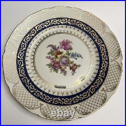 Set of 10 RM Czechoslovakia Dinner Plates 6173 Blue Floral Gold Lattice